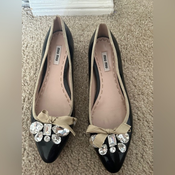 Miu Miu Black Patent Leather Crystal Embellished Ballet Flats Size 38.5